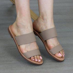 Slip On 2 Strap Flat Sandal Tan Faux Leather